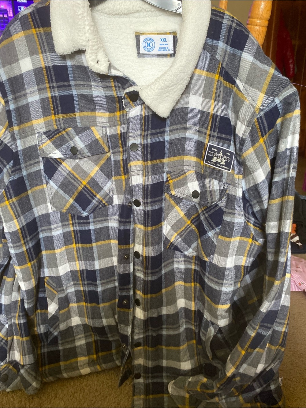 Hurley Navy, Gray & Yellow Plaid Sherpa-Lined Shirt Jacket